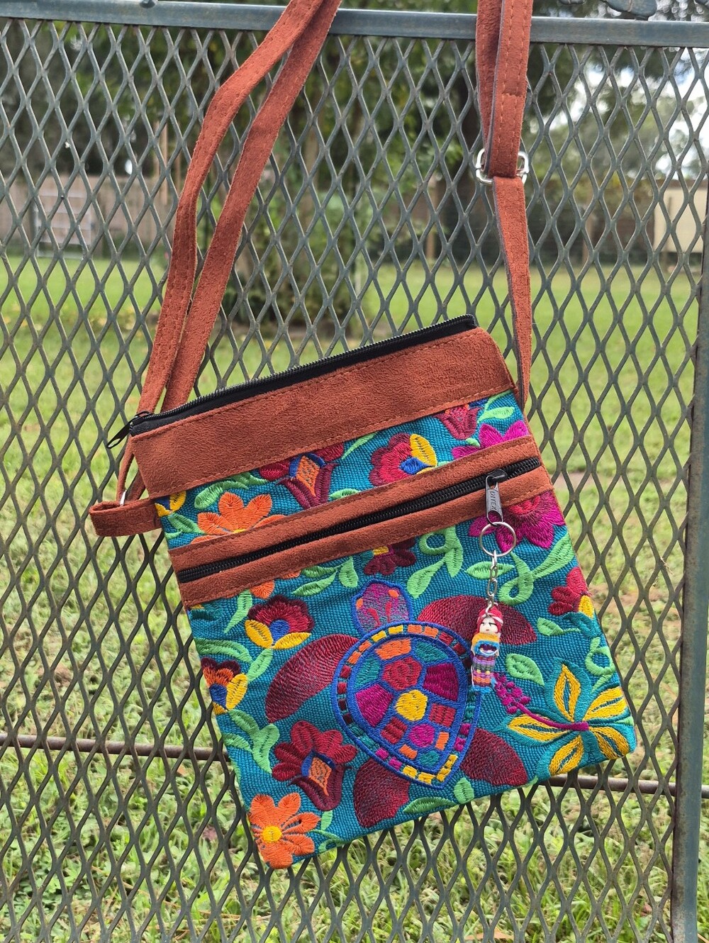 Embroidered Suede-Trim Crossbody Bag - Teal Multi